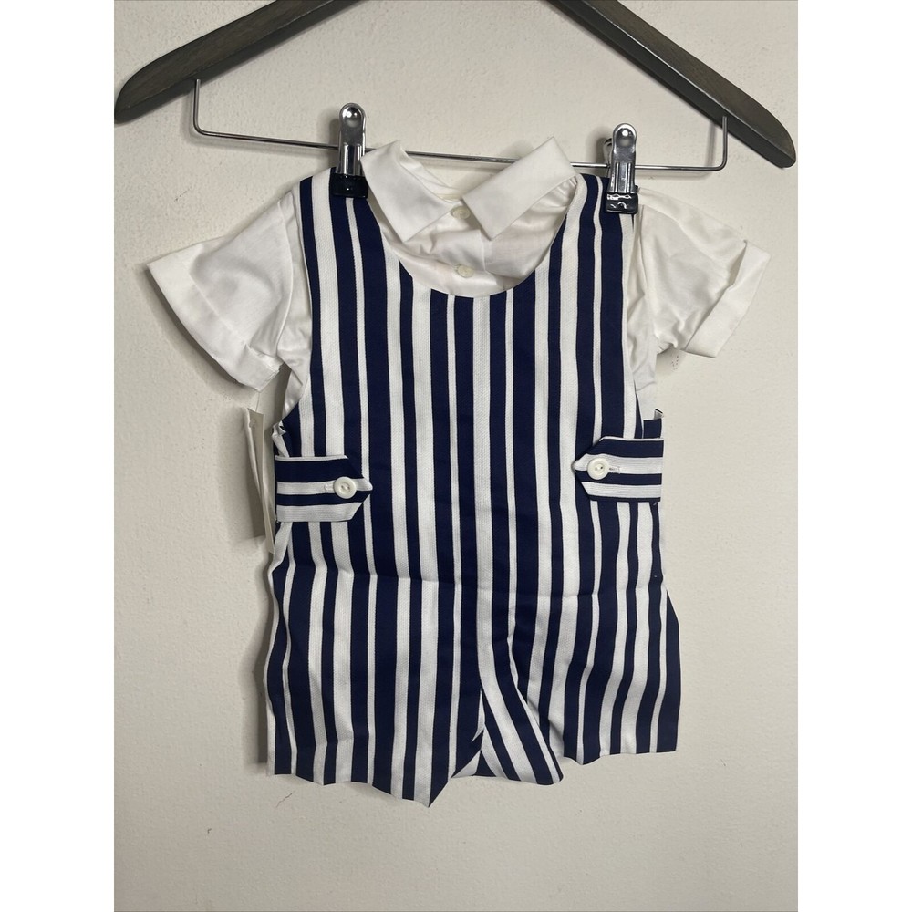 Vintage Infant Boys Outfit Blue White Striped Shorts Romper Size Large